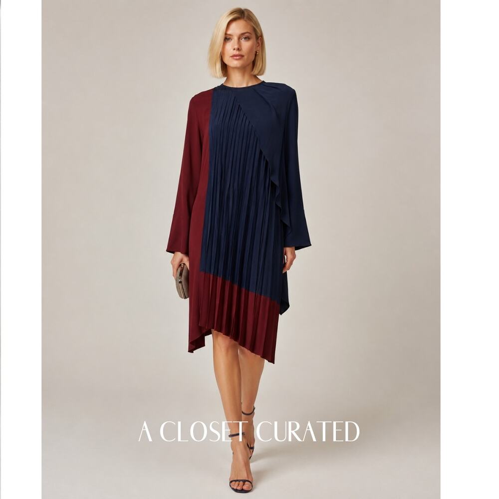 Eudon Choi Pleated Dress 8 Red Blue NEW